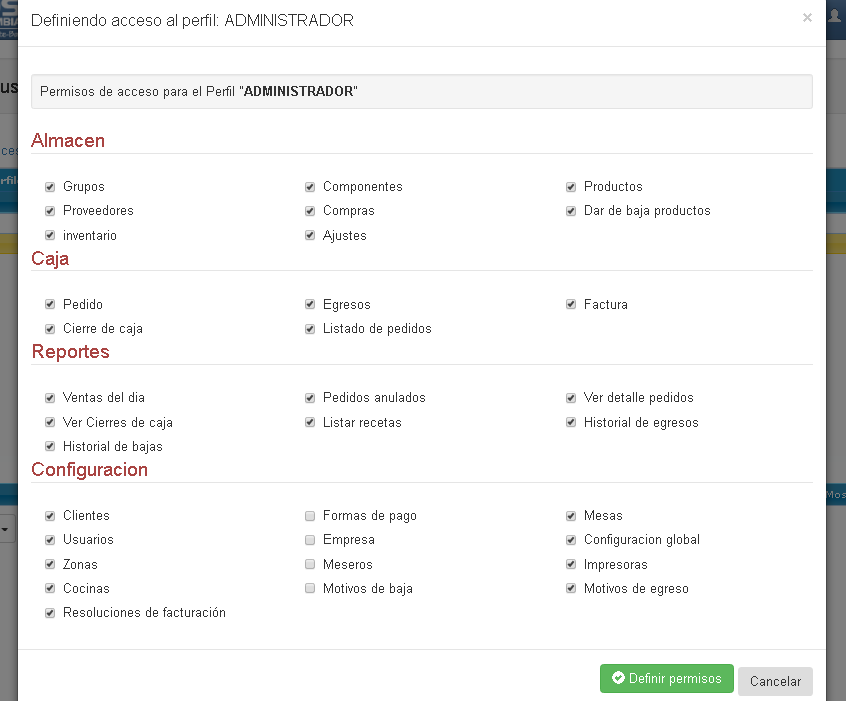 Definición de accesos a un perfil
