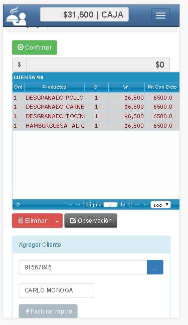 Recepción de Orden - Menu