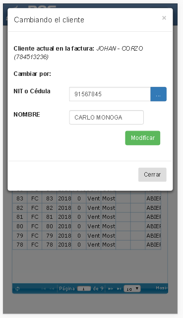 Cambiando cliente a factura